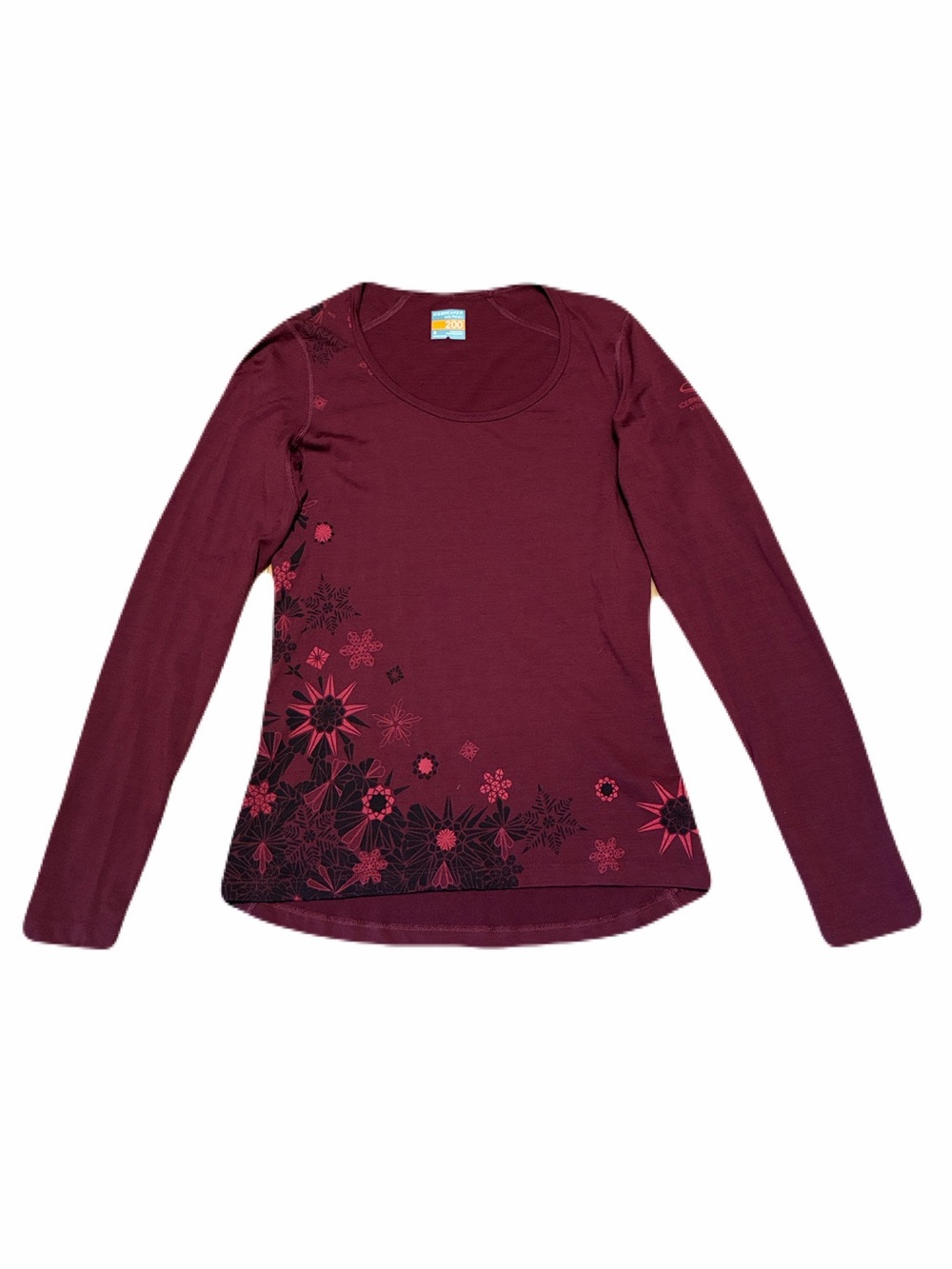 Icebreaker Oasis 200 Merino Wool Long Sleeve Baselayer Top in Floral Maroon